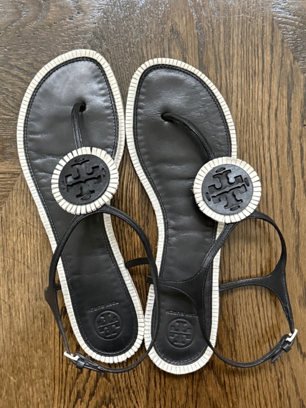 Tory Burch Miller Fringe Black Sandal with White Trim and Logo Medallion 10.5